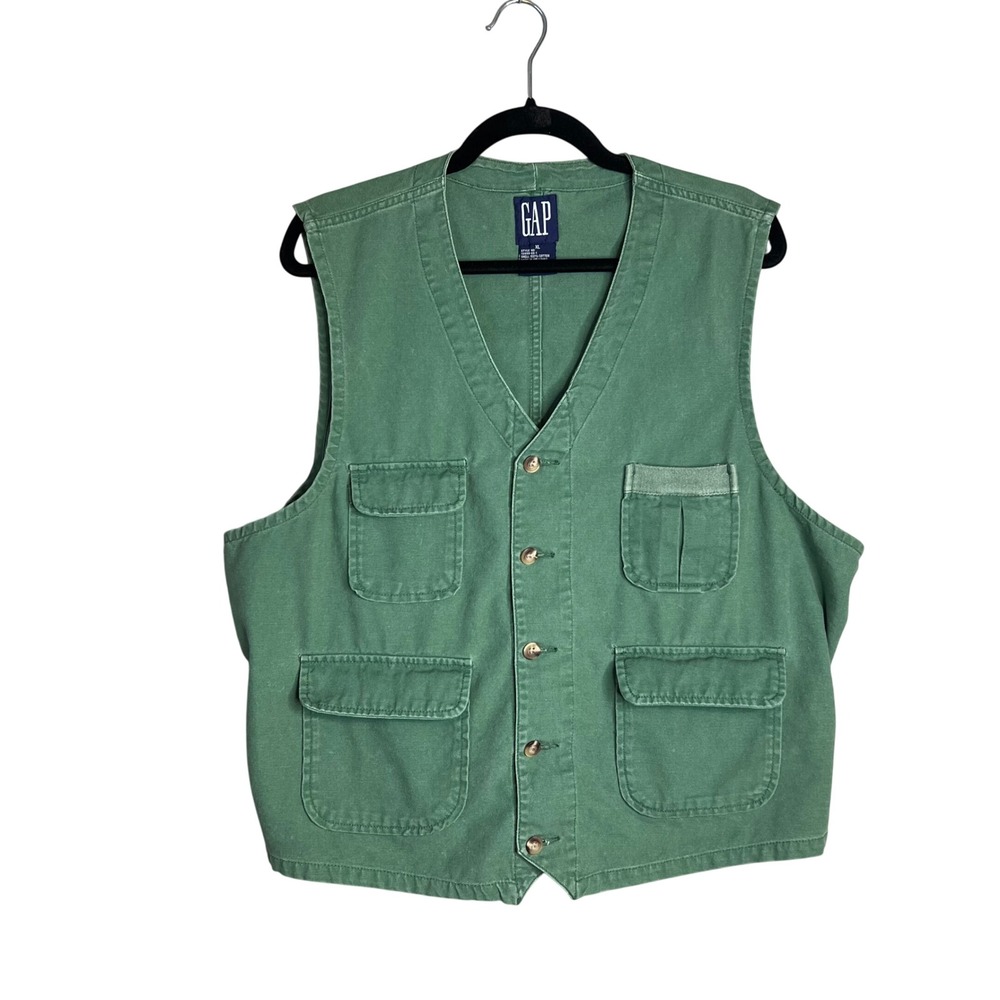 Vintage GAP Utility Vest Mens XL Green Safari Cotton Gorpcore Rugged Fisherman
